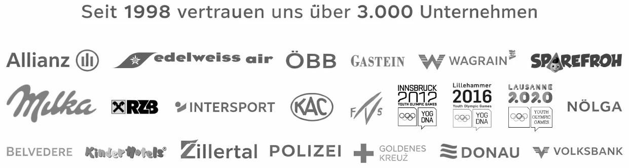 Referenz-Logos: Allianz, Edelweiss Air, ÖBB, Gastein, Wagrain, Sparefroh, MILKA, RZB, Intersport, KAC, FIS, Youth Olympic Games Innsbruck 2012, Lillehammer 2016 und Lausanne 2020, NÖLGA, Belvedere, Kinderhotels, Zillertal, Polizei, Goldenes Kreuz, Donau, Volksbank