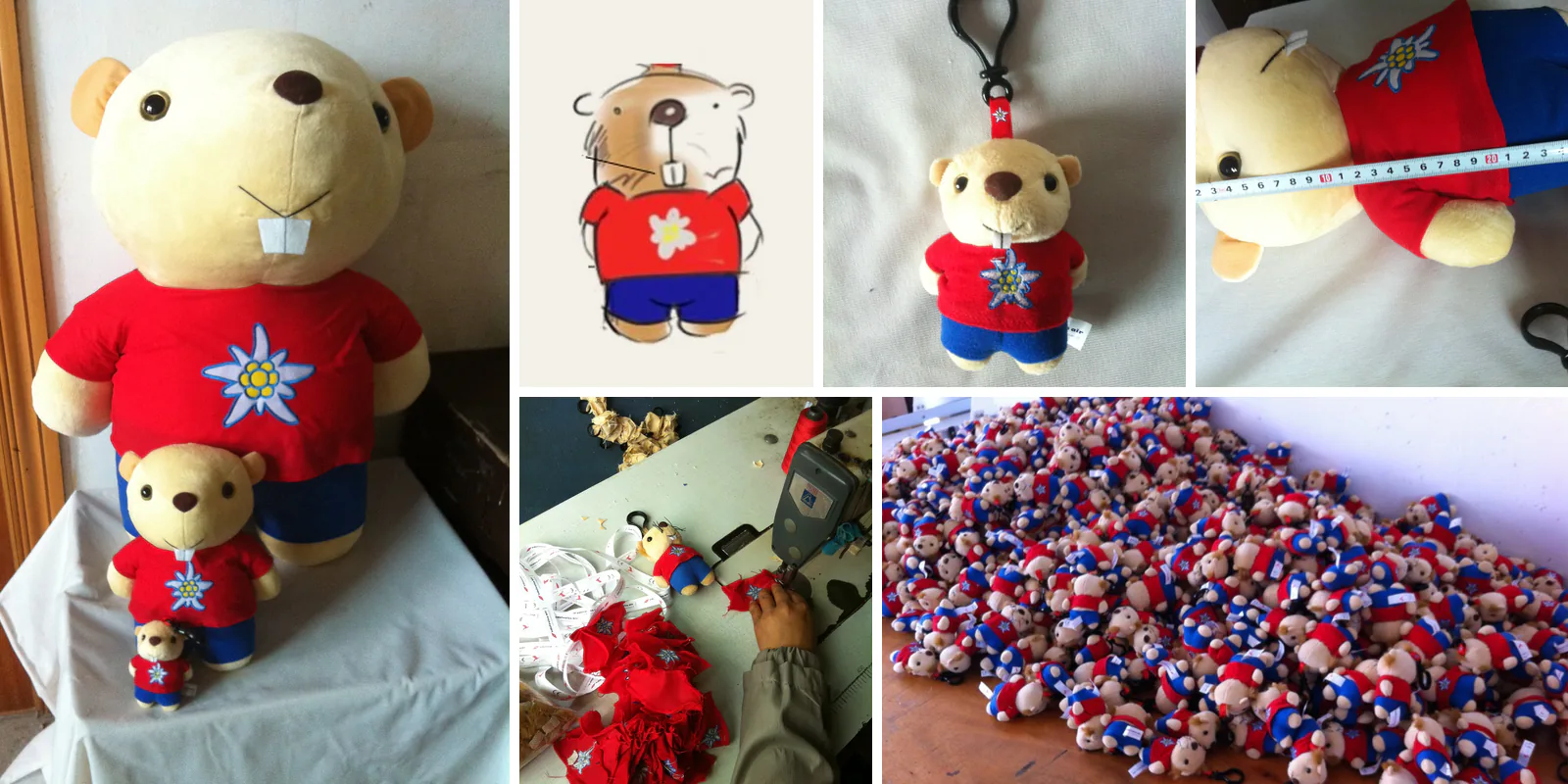 Collage zum Auftrag Edelweiss Air: das fertige Murmeltier im roten Shirt mit Edelweiss-Blume in mehreren Größen, die Entwurfsskizze, der Schlüsselanhänger mit Clip, die Maßkontrolle mit dem Maßband, die Näherei der Shirts und ein Teil der Serie